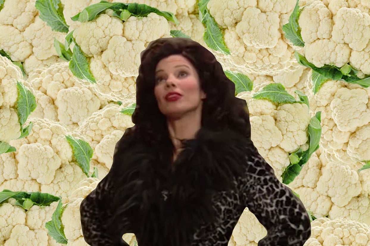 Fran Fine looking puzzled over a background of cauliflower