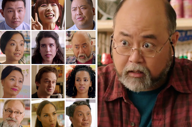 A grid of characters and Mr. Kim from Kim's Convenience