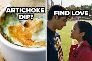 artichoke dip? find love label with screen shot of to all the boys ive loved before of peter looking at lara jean