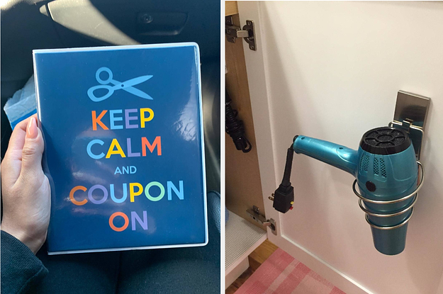 keep calm and coupon on binder; hair dryer in spiral caddy holder