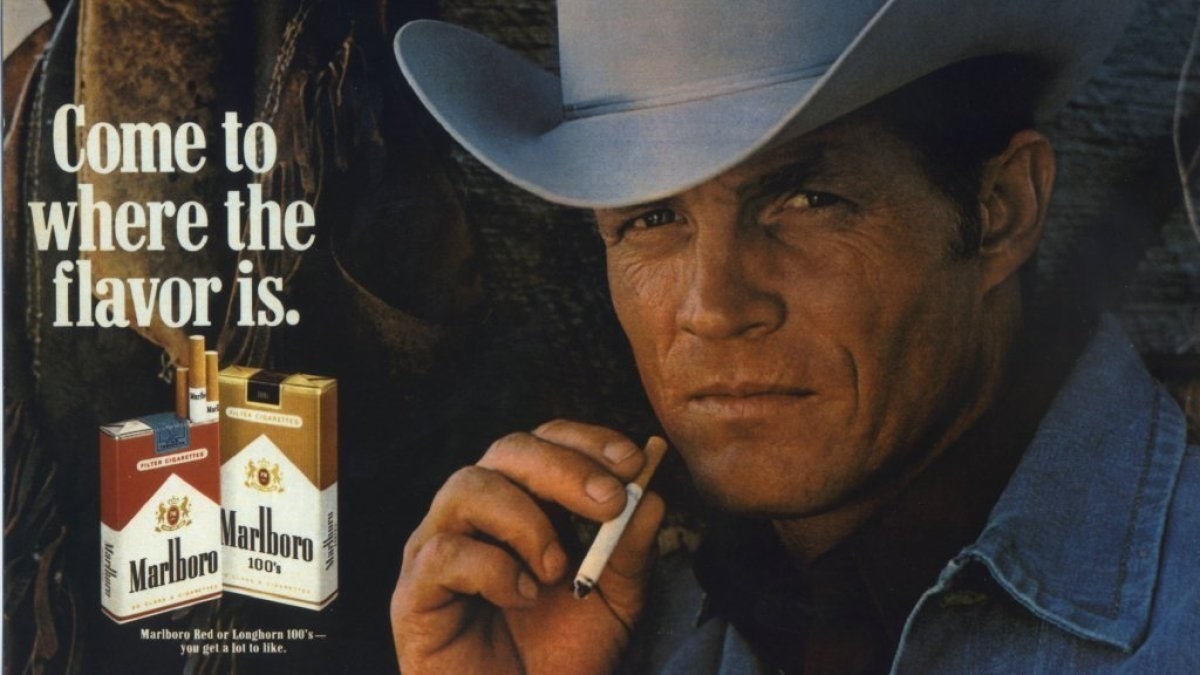 Vintage cigarette ad with a cowboy and text that says Come to where the flavor is