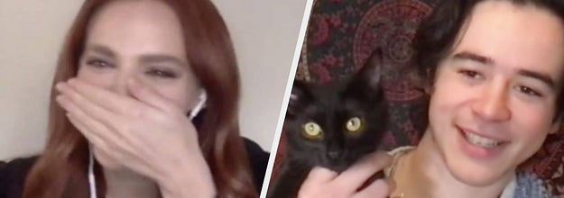 Madeline Brewer laughing and Keean Johnson holding a cat during an interview