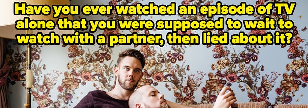 A couple laying on a couch with text reading