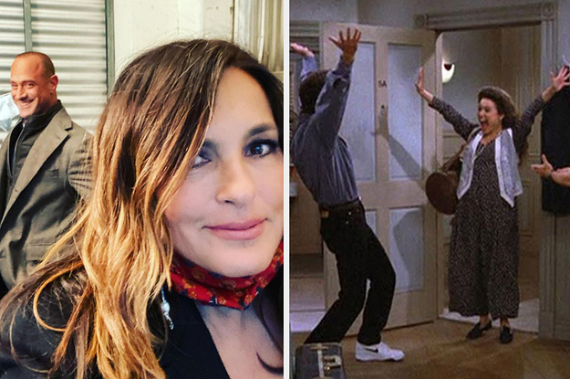 Chris and Mariska on set; Jerry and Elaine stretching their arms in excitement