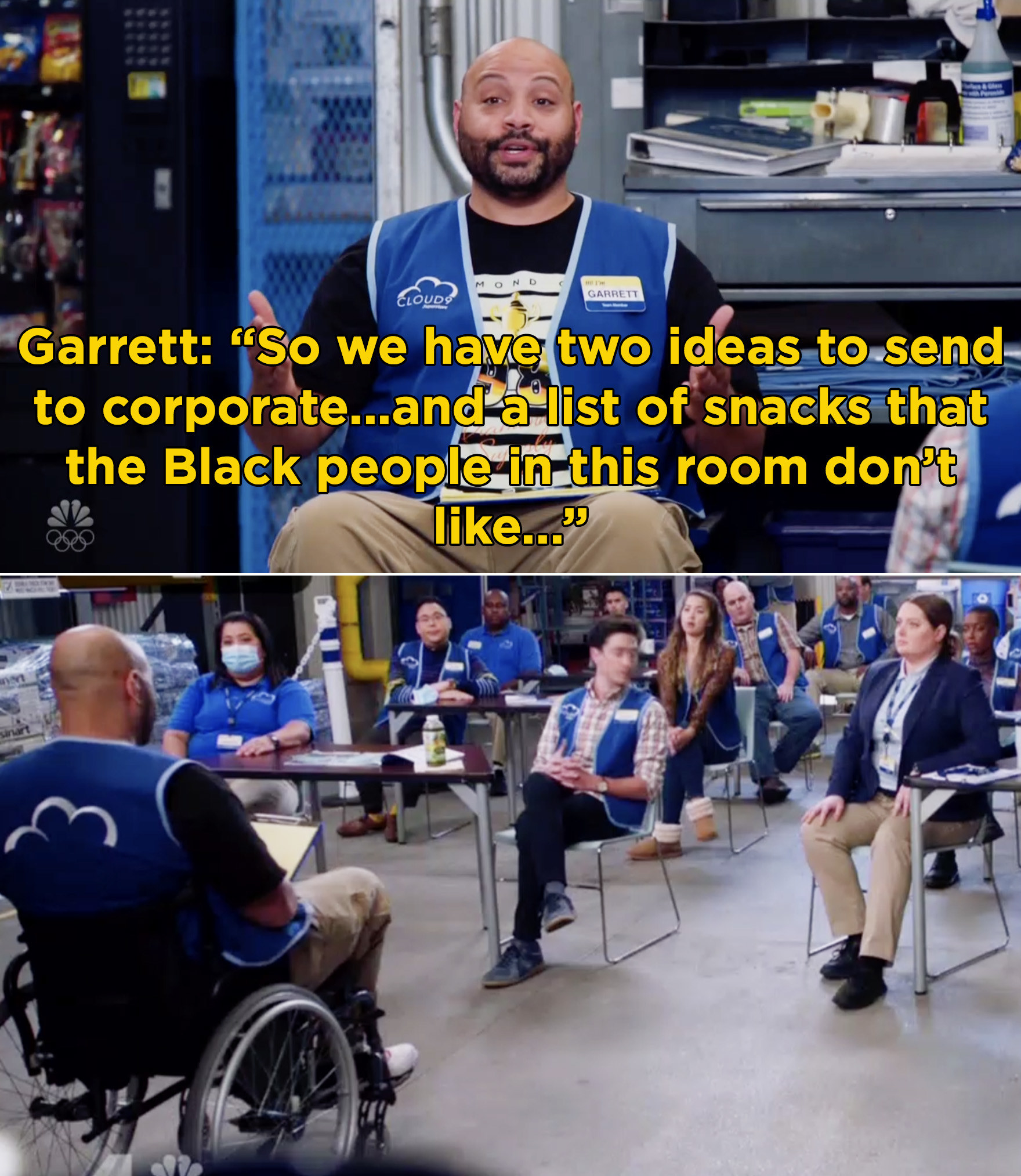 Garrett saying, &quot;So we have two ideas to send to corporate...and a list of snacks that the Black people in this room don&#x27;t like&quot;