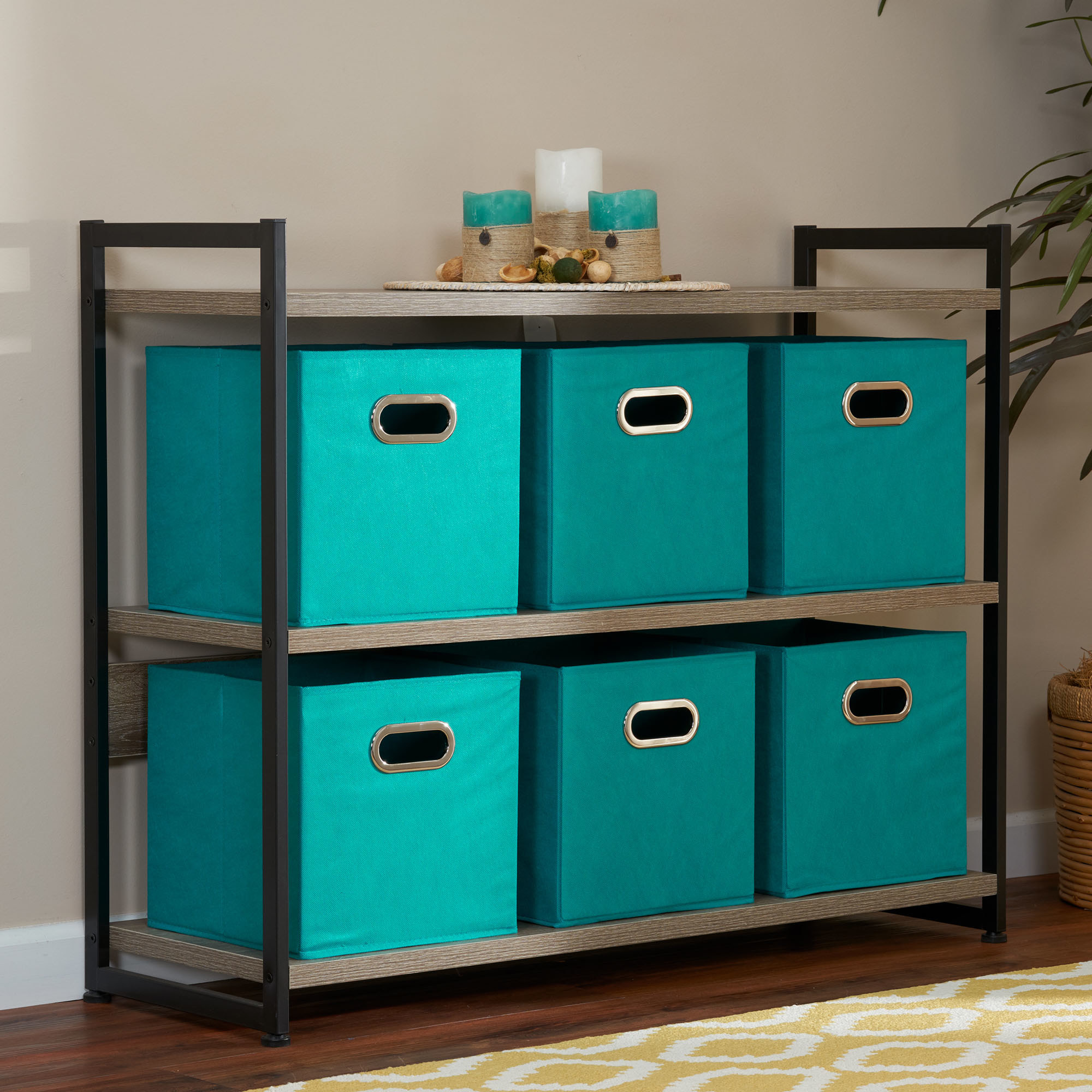 6 teal colored storage cubes on a two-shelf console