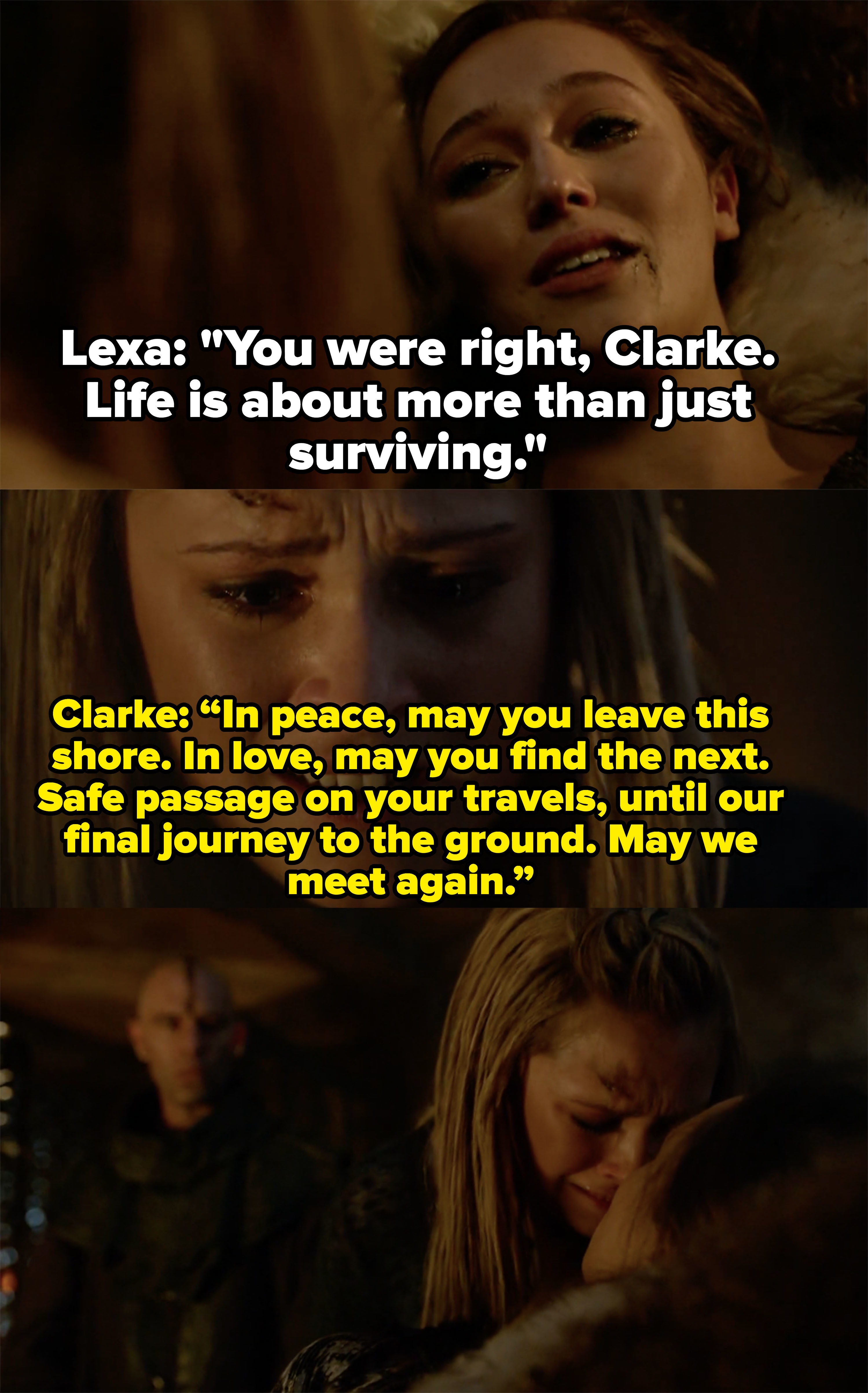 Lexa dies in Clarke&#x27;s arms, &quot;You were right, life is about more than just surviving,&quot; Clarke: &quot;May we meet again&quot;