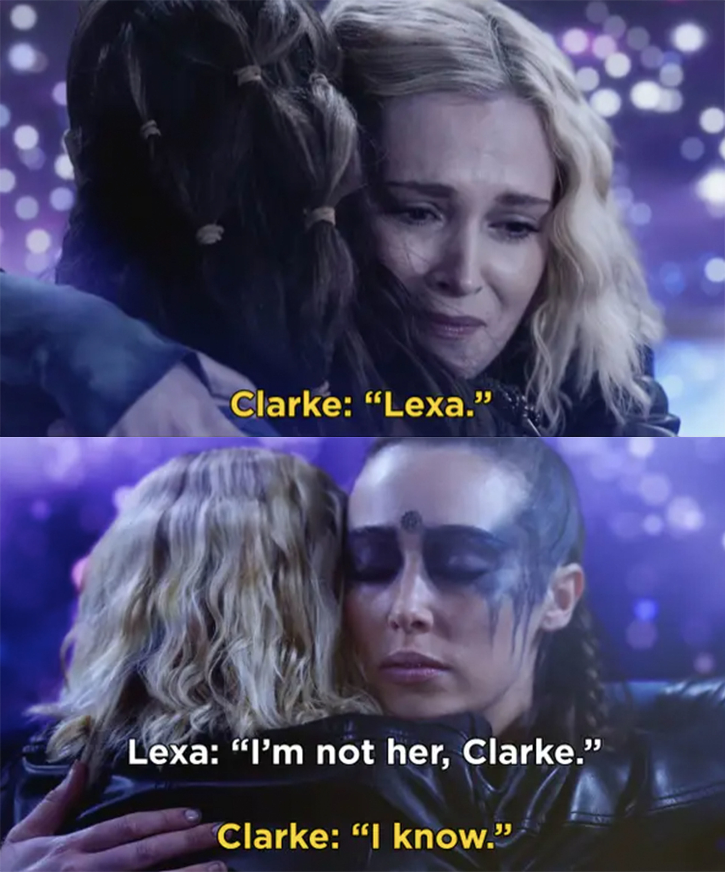Clarke hugs the manifestation of Lexa, who reminds her that she&#x27;s not really Lexa