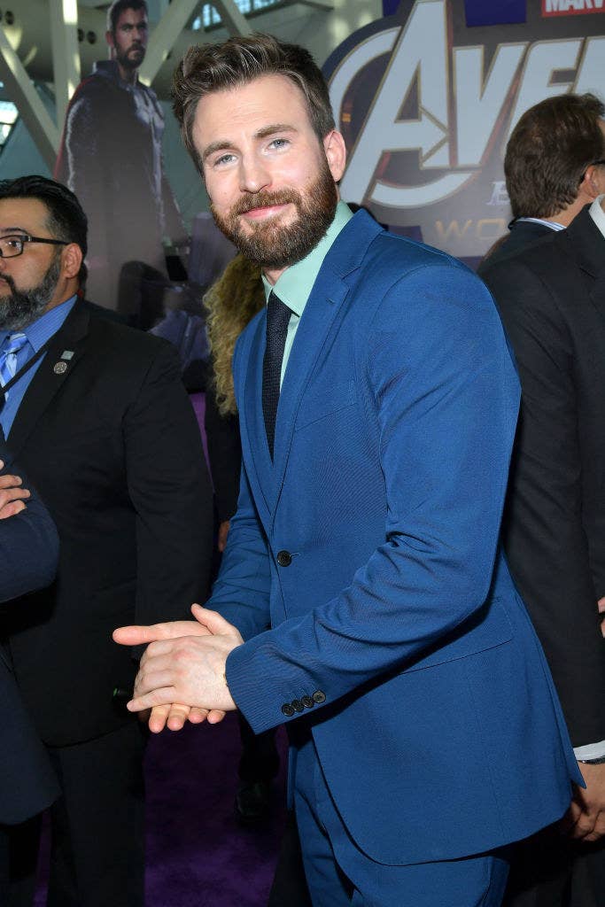 Chris Evans in a blue suit at the Avengers Endgame premiere