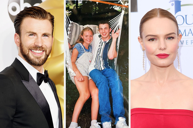 Chris Evans and Kate Bosworth on the red carpet next to a throwback photo of them in a hammock