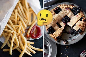 A bag of fries are spilled out on a counter with a think face emoji in the center and a blueberry pie on the right