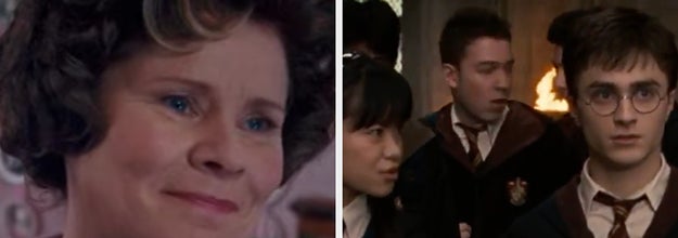 Umbridge is on the left smiling with Harry Potter and other students on the right walking down the hall