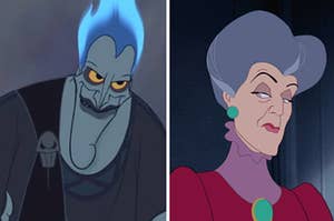 Hades is on the left in flames with the Evil Stepmother on the right