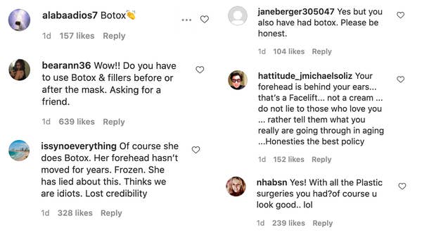 A number of comments saying that she has had botox or plastic surgery