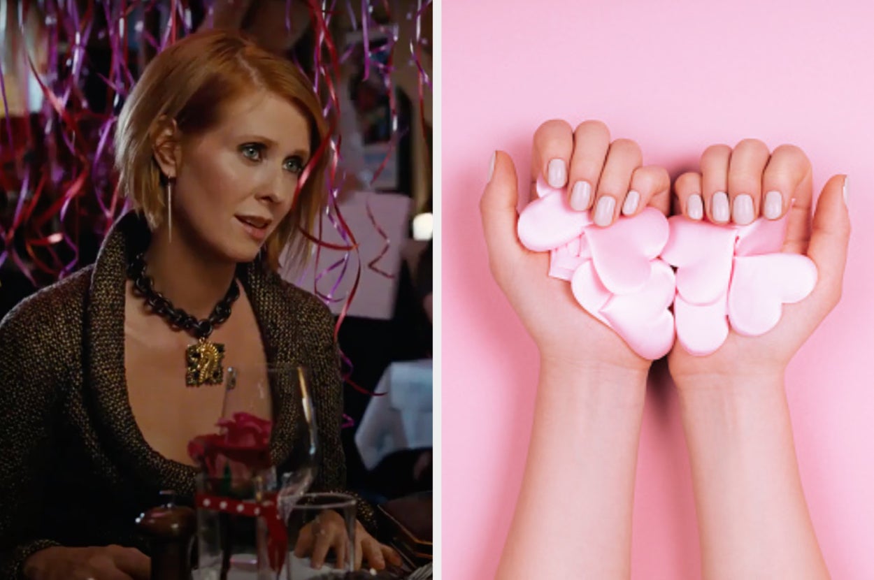 Miranda is sitting at a table with balloons on the air with a woman holding pink hearts on the right