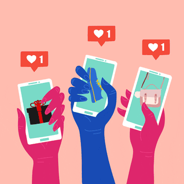 Colorful hands holding phones are liking photos on social media. 