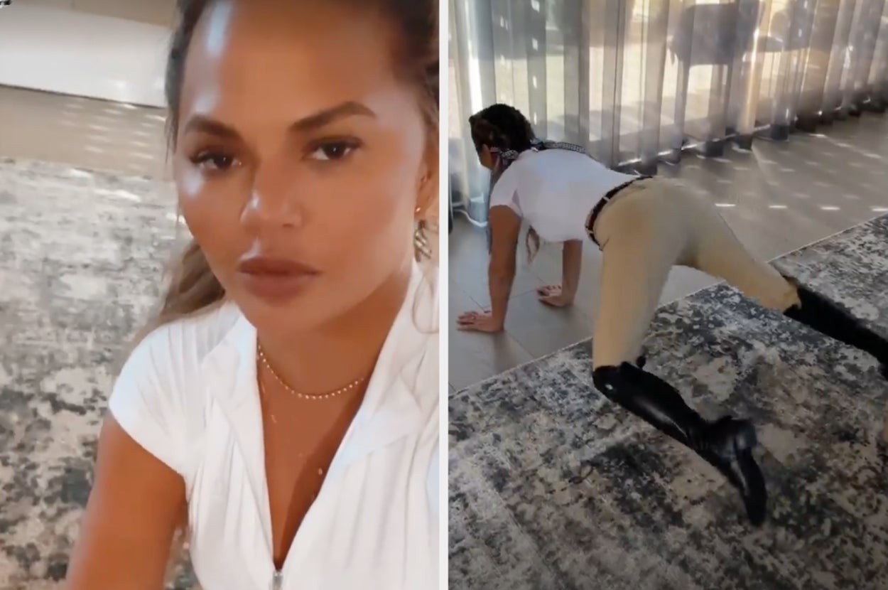 Chrissy Teigen talking about getting her horse an apple next to a screenshot of her stretching her boots
