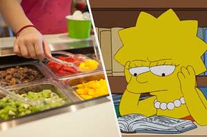 A woman is scooping toppings from a buffet with Lisa Simpson on the right reading a book