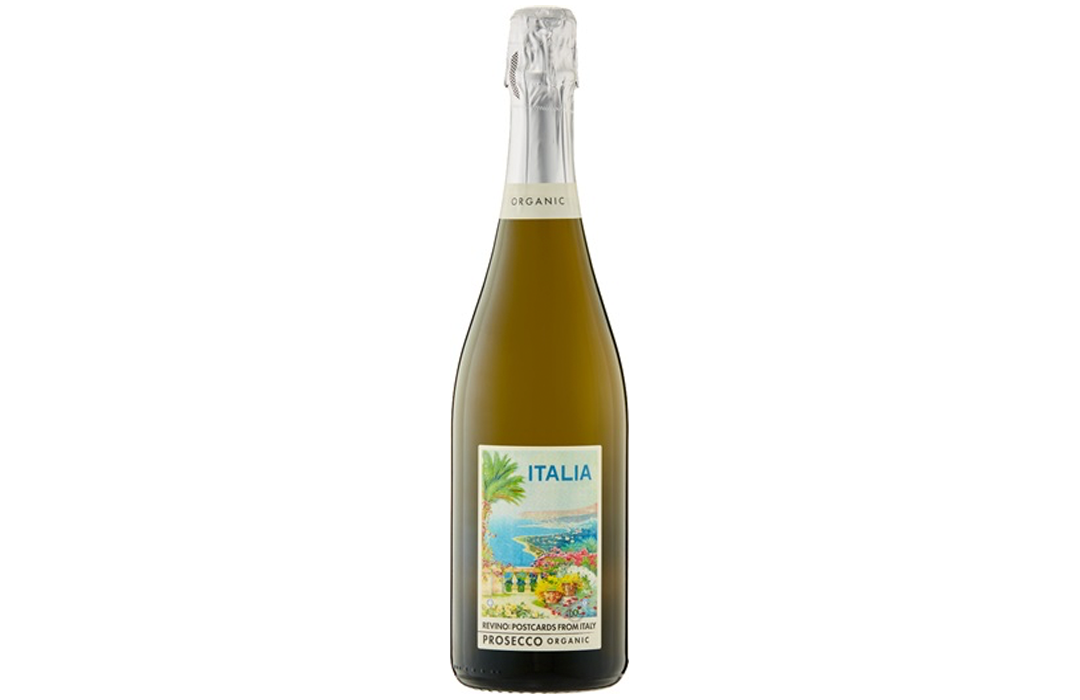 Bottle of sparkling wine with a label showing a coastal region of Italy