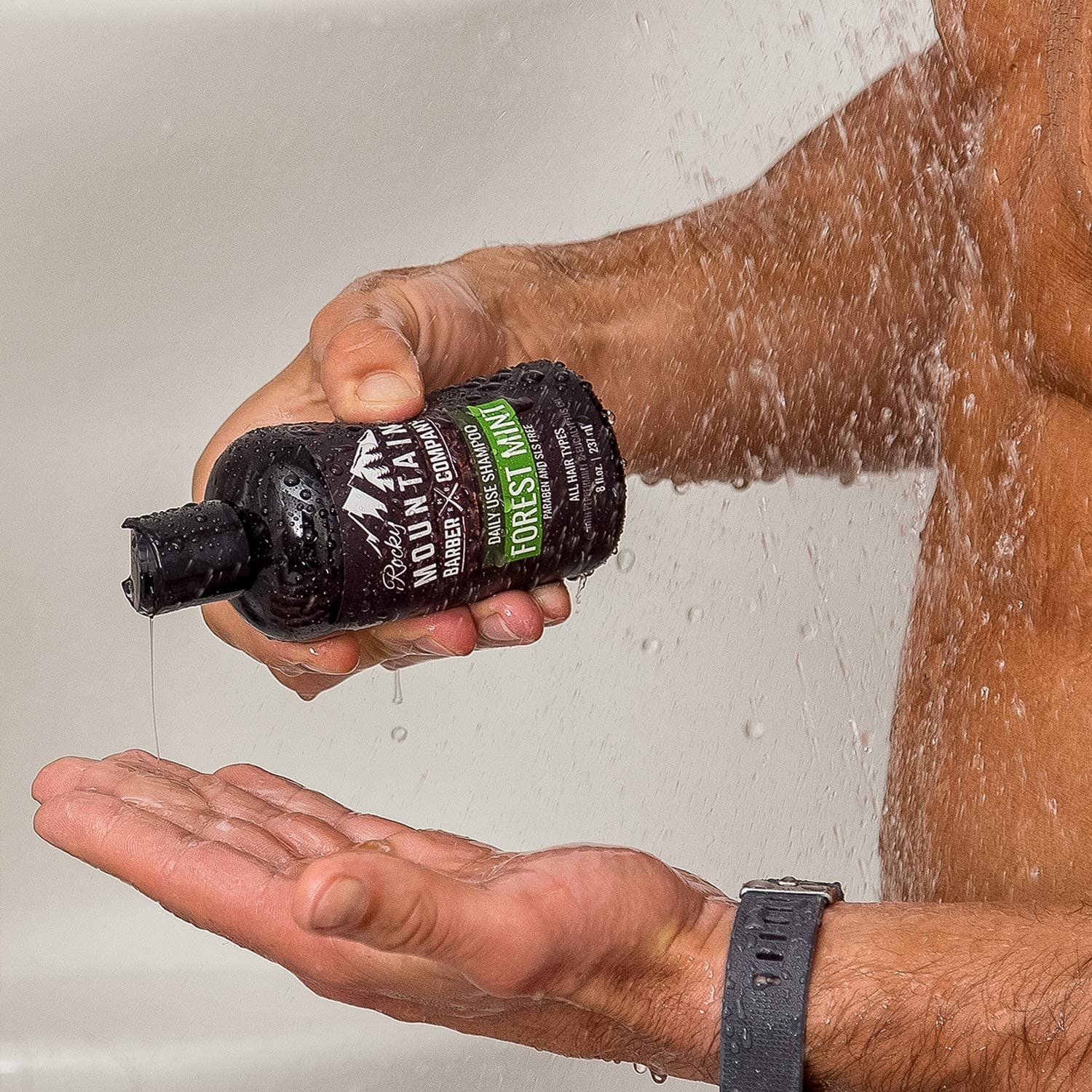 A person pouring the shampoo into their hand