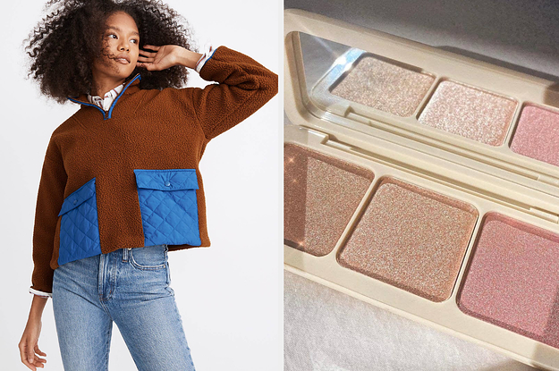On the left, model in fleece jacket. On the right, makeup palette