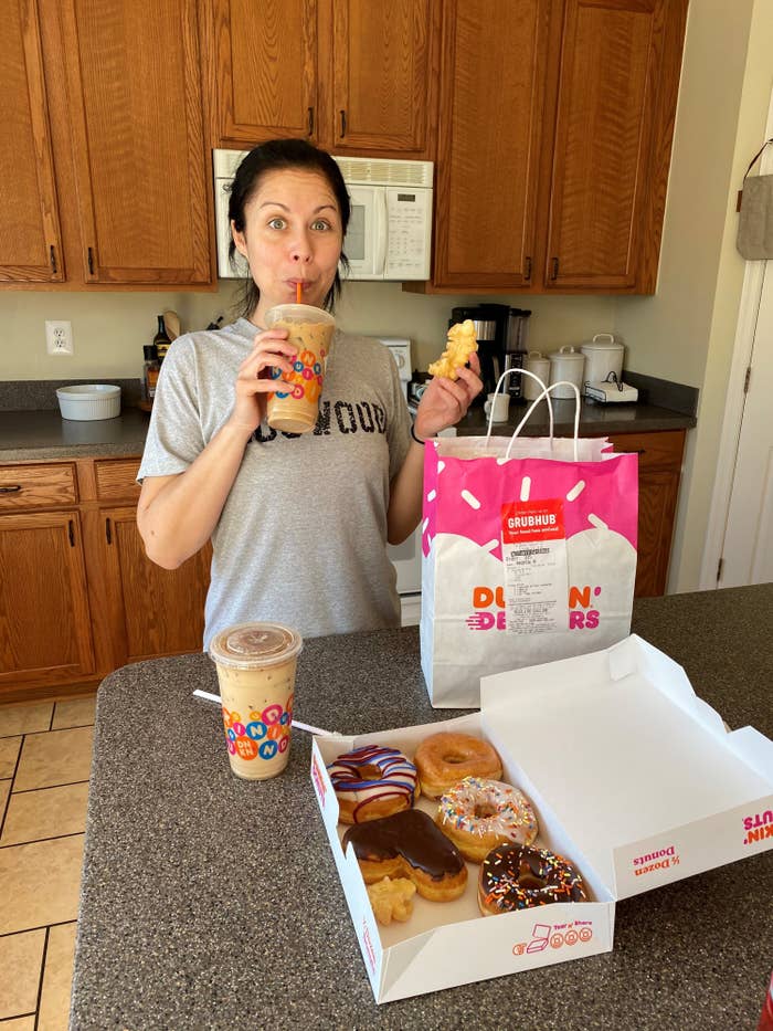 The author with a Dunkin Donuts home delivery in the early days of quarantine.