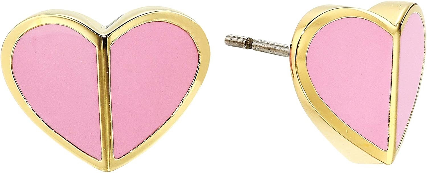 Pink heart earrings with gold outline and posts