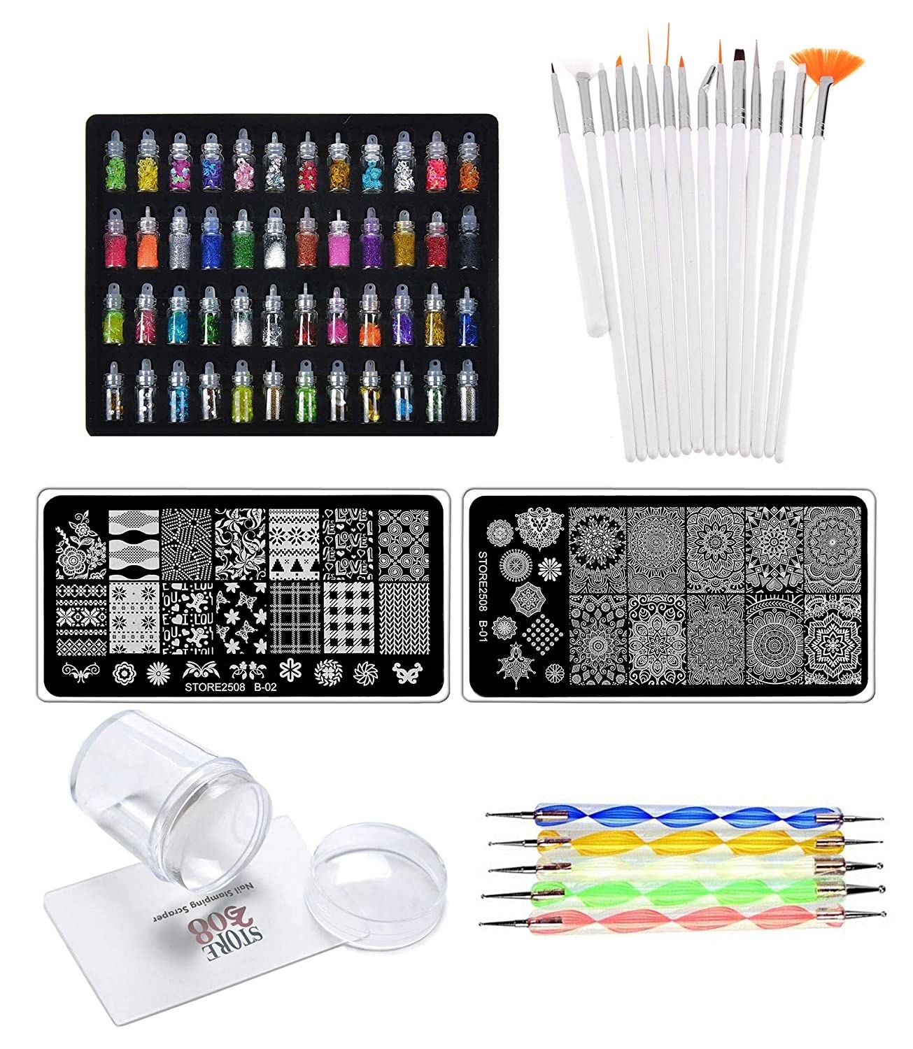 A nail art kit with the various tools available 