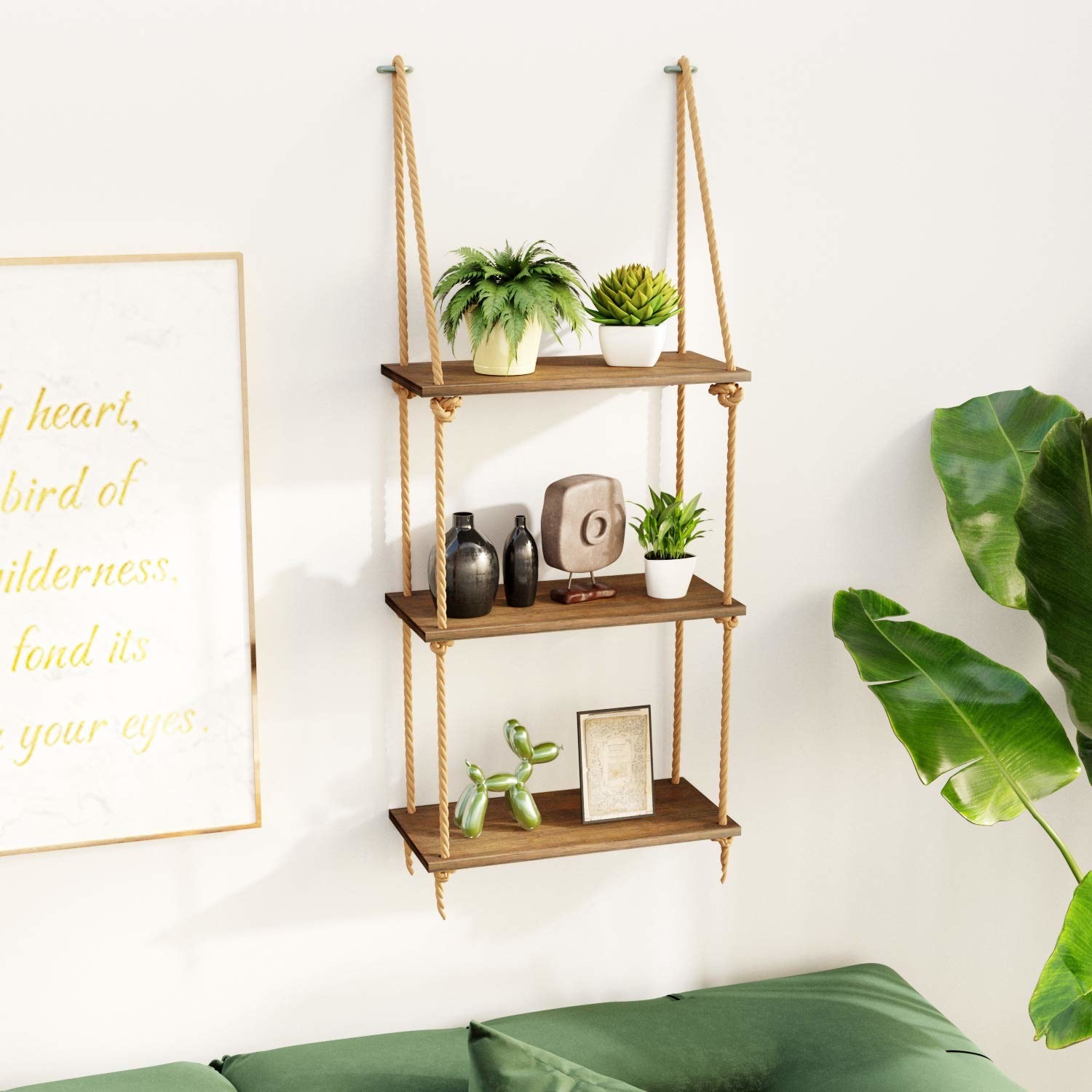 The wooden shelf slabs held together by thick ropes.