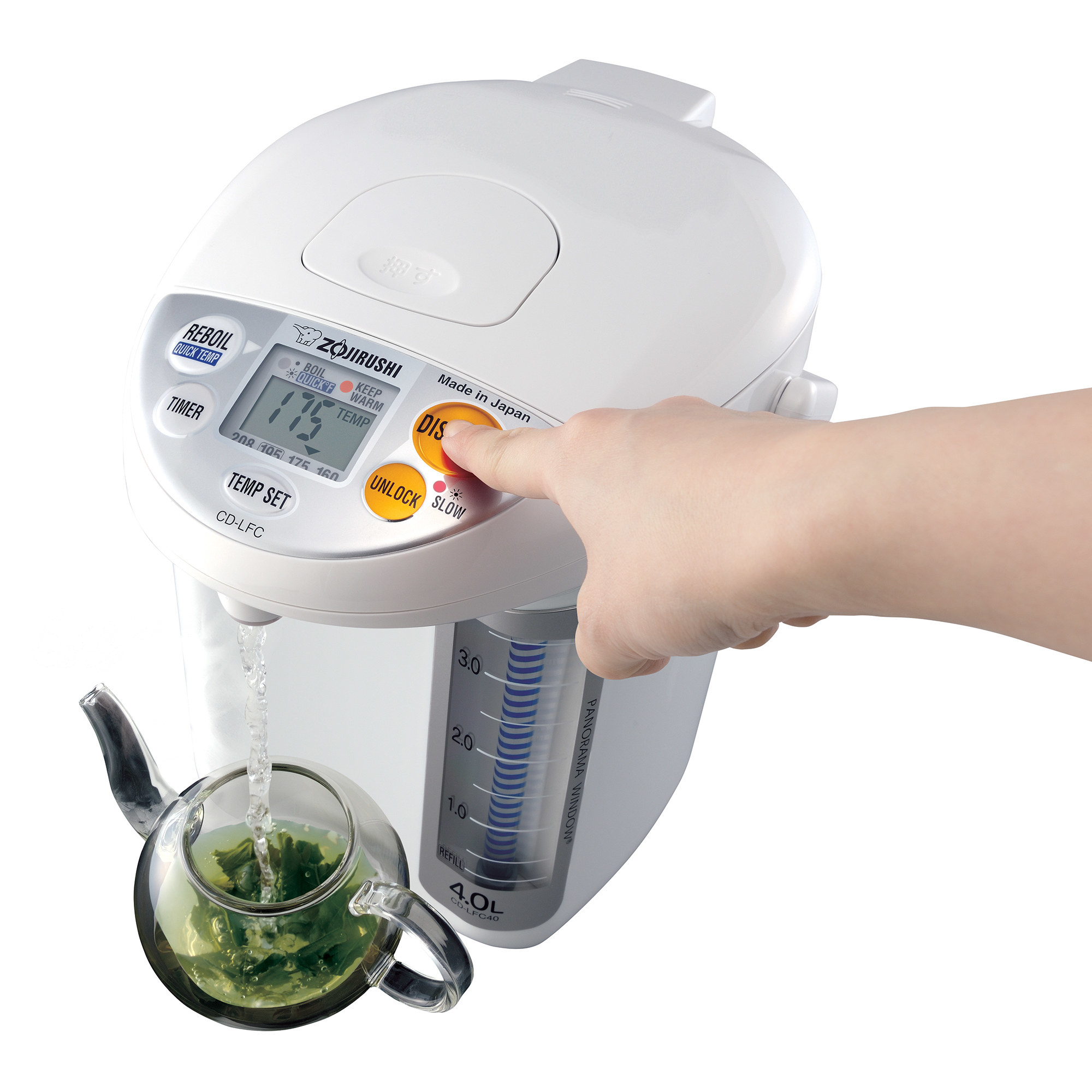 A person using the water boiler to make tea
