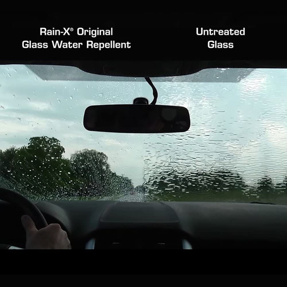 two sides of a windshield showing rain that using the treatment makes the water slide down more