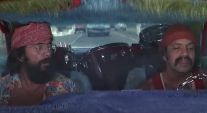 Tommy Chong and Cheech Marin in their car in Up in Smoke