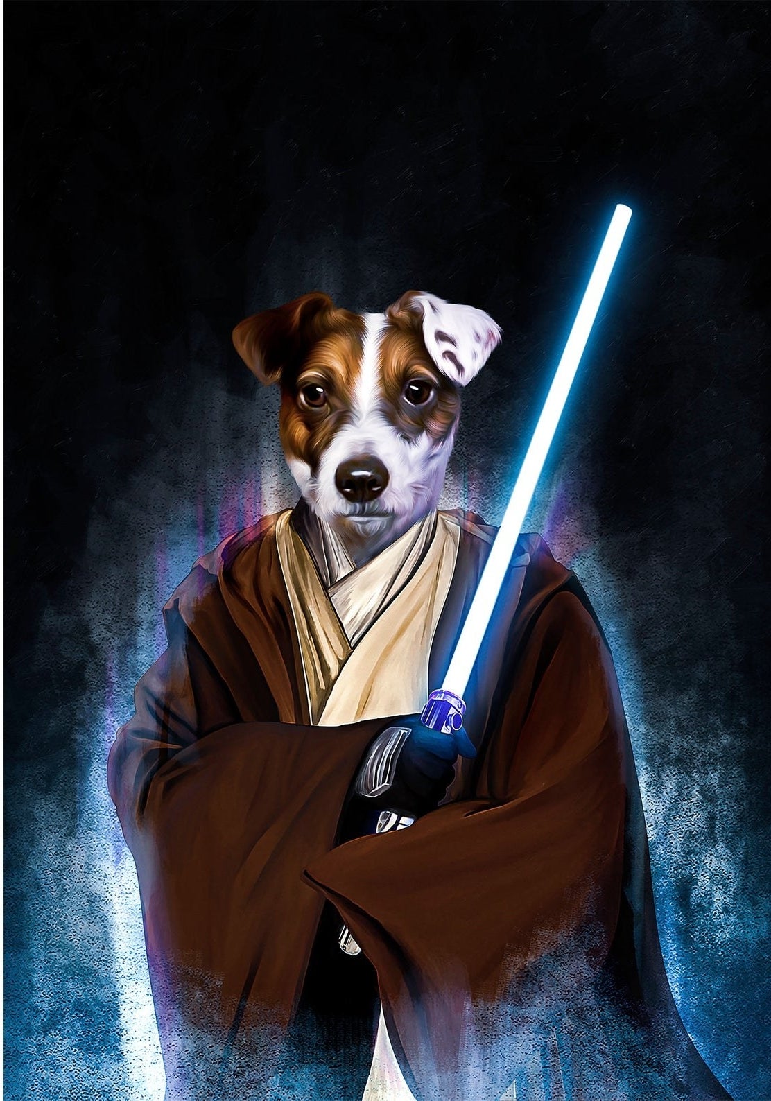 Portrait of a brown and white dog in a brown Jedi robe with a blue lightsaber