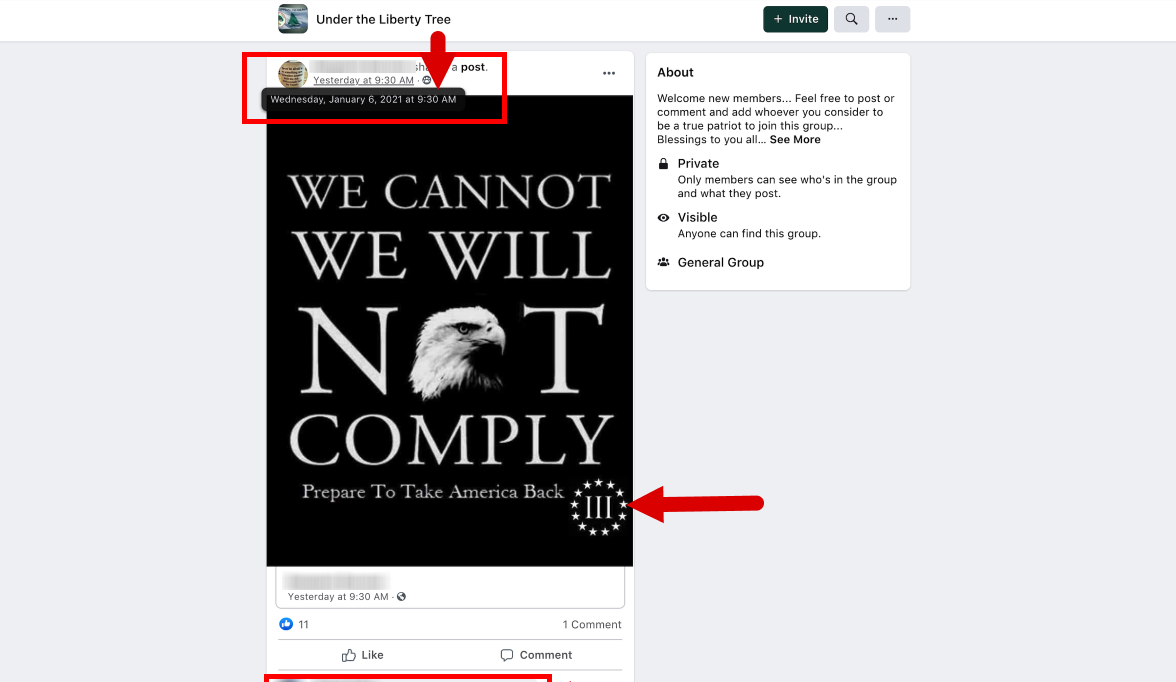 Screenshot from a Facebook group showing a Three Percenter meme that reads, "We Cannot, We Will Not Comply, Prepare To Take America Back"