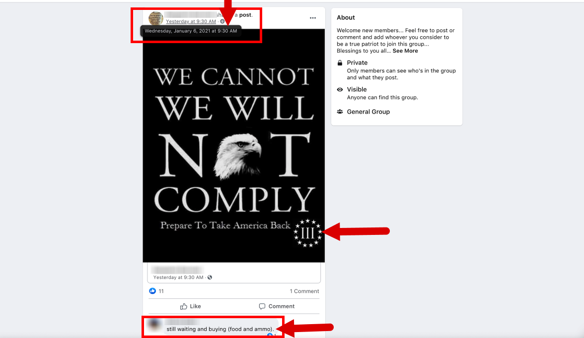 Screenshot from a Facebook group showing a Three Percenter meme that reads, &quot;We Cannot, We Will Not Comply, Prepare To Take America Back&quot;