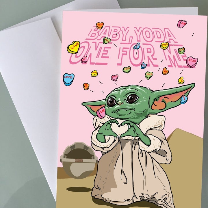 card with baby yoda making heart with hands that says baby yoda, one for me