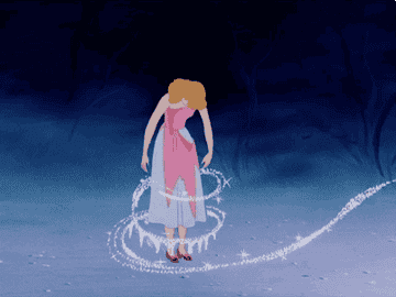Cinderella transforming from her torn up dress to her ballgown 
