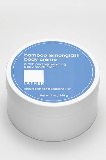 The blue and white body butter container