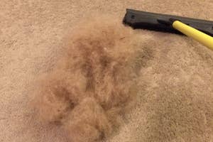 pile of fur from carpet next to rubber pet hair broom