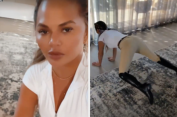 Chrissy Teigen talking about getting her horse an apple next to a screenshot of her stretching her boots