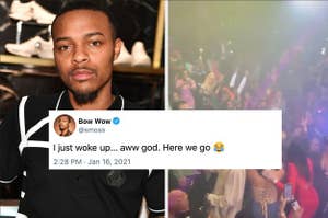Bow Wow at a press event next to a shot of the crowded club