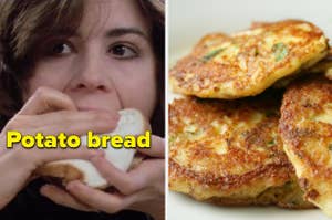 A woman is on the left eating a sandwich labeled, "Potato bread" with potato pancakes on the right