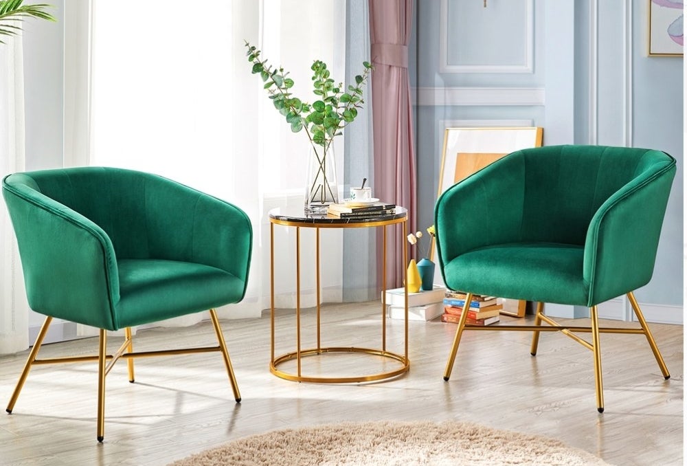 Green velvet accent chair with gold legs