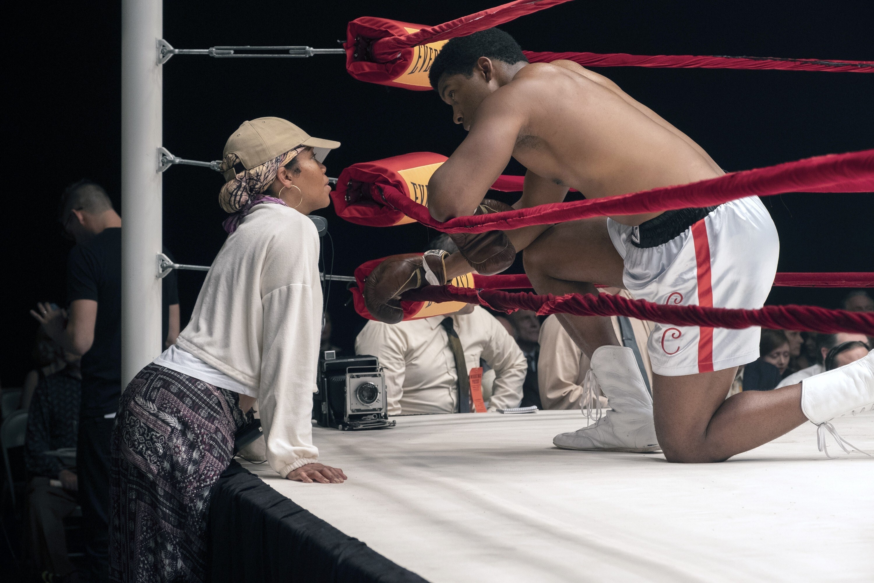 ONE NIGHT IN MIAMI, from left: director Regina King, Eli Goree, on set