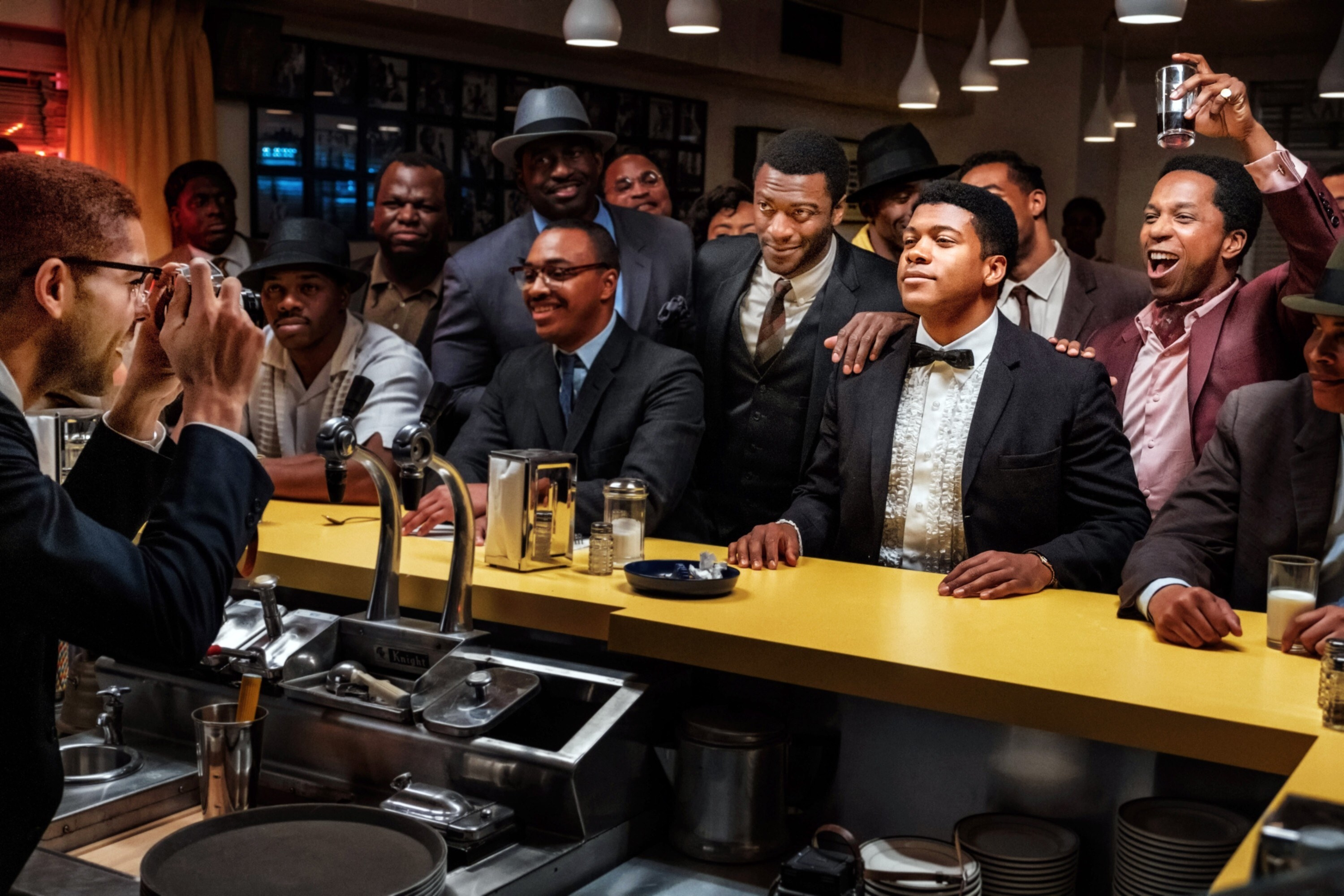 ONE NIGHT IN MIAMI, beginning at center from left: Aldis Hodge as Jim Brown, Eli Goree as Cassius Clay, and Leslie Odom Jr. as Sam Cooke