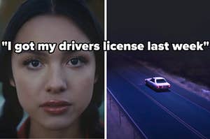 I got my drivers license last week lyric over music video screenshots of olivia and a white car