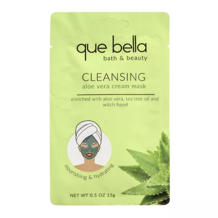 Green pouch that says "Que Bella Deep Cleansing Aloe Vera Cream Face Mask"