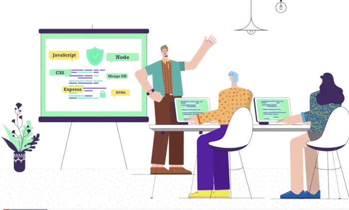 animation of a teacher teaching web development off a projector