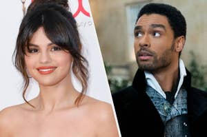 Selena Gomez on the red carpet and and Regé-Jean Page in Bridgerton