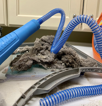 reviewer photo of the blue vacuum attachment with accumulated dust 
